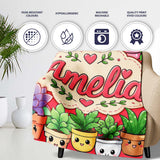 Cute Kawaii Smiling Plant Pots Succulents Leaves Pattern Red Lovely  Personalised Custom Name Super Soft Fleece Blanket Bed Sofa Throw