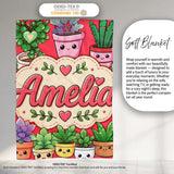 Cute Kawaii Smiling Plant Pots Succulents Leaves Pattern Red Lovely  Personalised Custom Name Super Soft Fleece Blanket Bed Sofa Throw