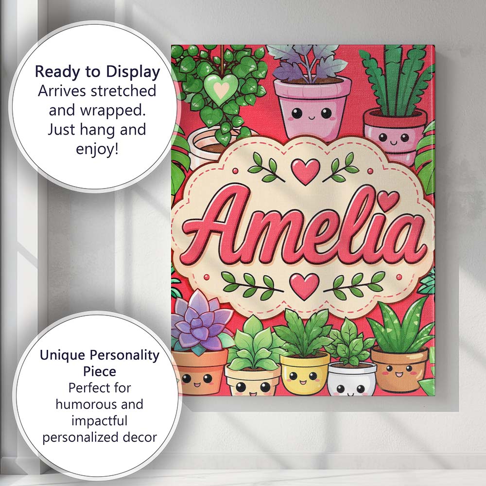 Personalised Name Cute Kawaii Smiling Plant Custom  Bespoke Interior Contemporary Canvas Wall Art Print Decor Picture Ready to Hang