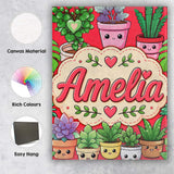 Personalised Name Cute Kawaii Smiling Plant Custom  Bespoke Interior Contemporary Canvas Wall Art Print Decor Picture Ready to Hang