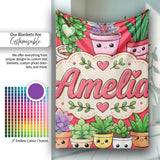 Cute Kawaii Smiling Plant Pots Succulents Leaves Pattern Red Lovely  Personalised Custom Name Super Soft Fleece Blanket Bed Sofa Throw
