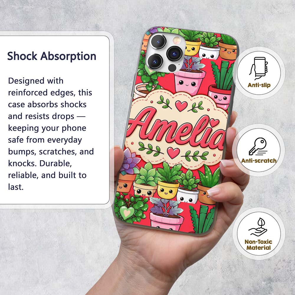Cute Kawaii Smiling Plant Pots Succulents Leaves Custom Name Protective Phone Case Mobile Cover Durable Everyday Smartphone Shock Resistant