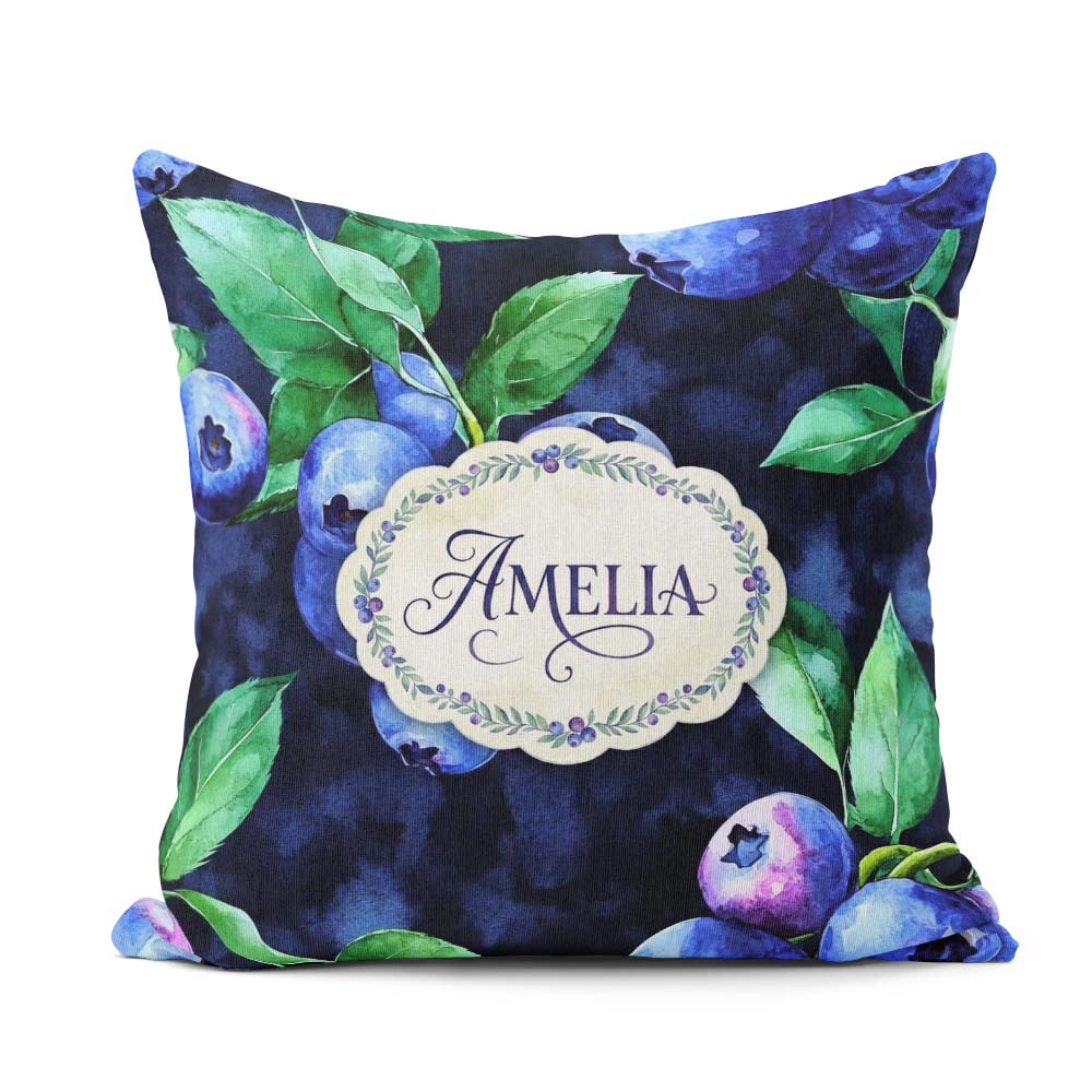 Custom Name Watercolor Blueberry Leaves Dark Background Seamless Square Filled Cushion Throw Pillow Sofa Bed Home Decor Zip Washable UK Made