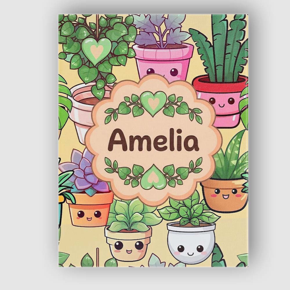 Personalised Name Cute Kawaii Smiling Plant Custom  Bespoke Interior Contemporary Canvas Wall Art Print Decor Picture Ready to Hang
