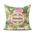 Custom Name Cute Kawaii Smiling Plant Pots Leaves Pattern Yellow Square Filled Cushion Throw Pillow Sofa Bed Home Decor Zip Washable UK Made