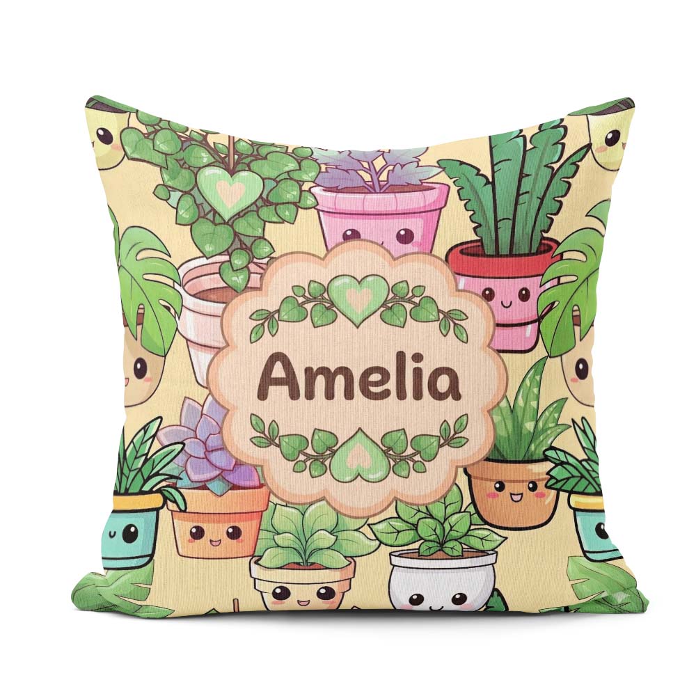Custom Name Cute Kawaii Smiling Plant Pots Leaves Pattern Yellow Square Filled Cushion Throw Pillow Sofa Bed Home Decor Zip Washable UK Made