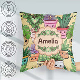 Custom Name Cute Kawaii Smiling Plant Pots Leaves Pattern Yellow Square Filled Cushion Throw Pillow Sofa Bed Home Decor Zip Washable UK Made