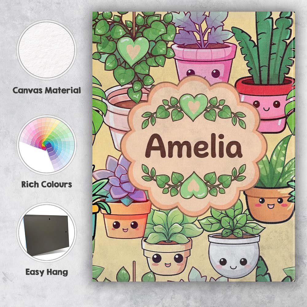 Personalised Name Cute Kawaii Smiling Plant Custom  Bespoke Interior Contemporary Canvas Wall Art Print Decor Picture Ready to Hang
