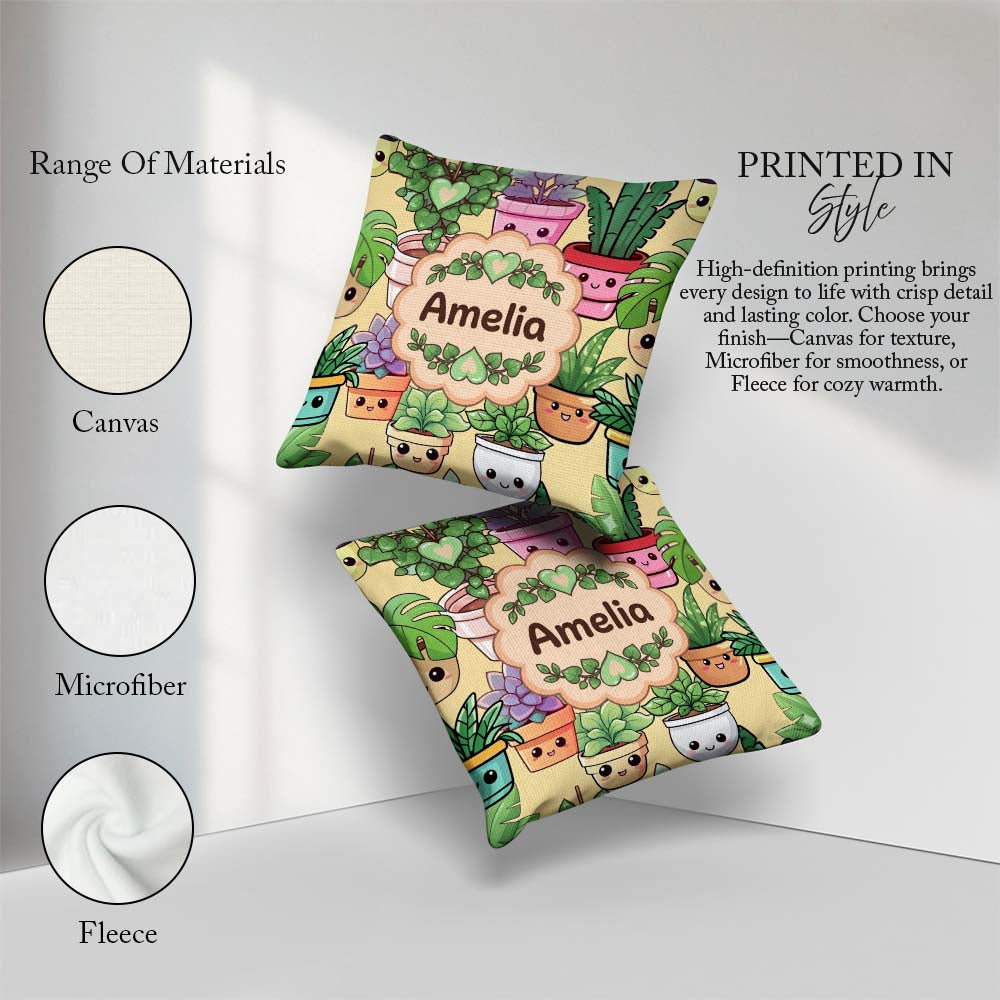 Custom Name Cute Kawaii Smiling Plant Pots Leaves Pattern Yellow Square Filled Cushion Throw Pillow Sofa Bed Home Decor Zip Washable UK Made