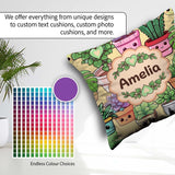 Custom Name Cute Kawaii Smiling Plant Pots Leaves Pattern Yellow Square Filled Cushion Throw Pillow Sofa Bed Home Decor Zip Washable UK Made