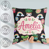 Custom Name Kawaii Rainbow Sun Flowers Plant Pots Seamless Black Square Filled Cushion Throw Pillow Sofa Bed Home Decor Zip Washable UK Made