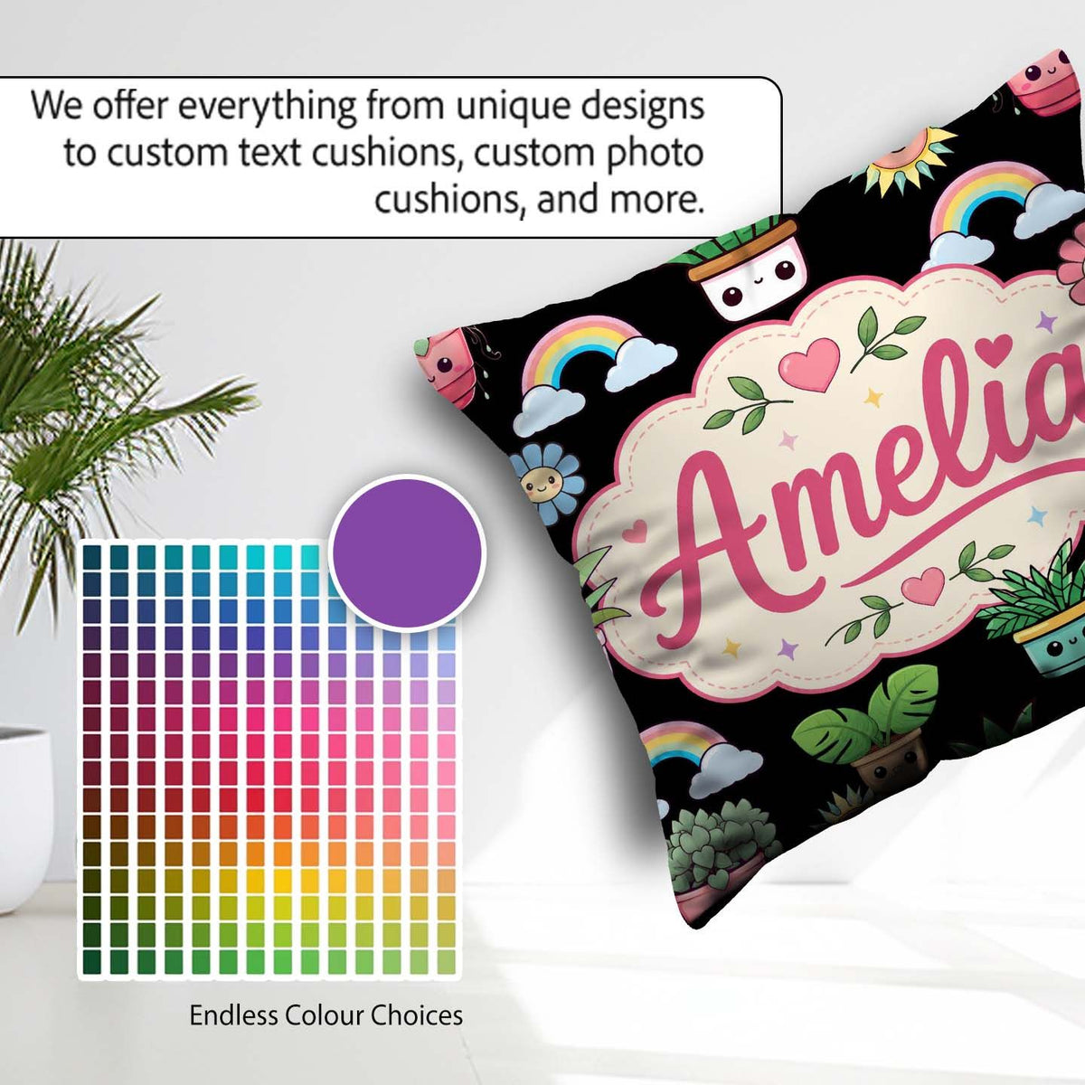 Custom Name Kawaii Rainbow Sun Flowers Plant Pots Seamless Black Square Filled Cushion Throw Pillow Sofa Bed Home Decor Zip Washable UK Made