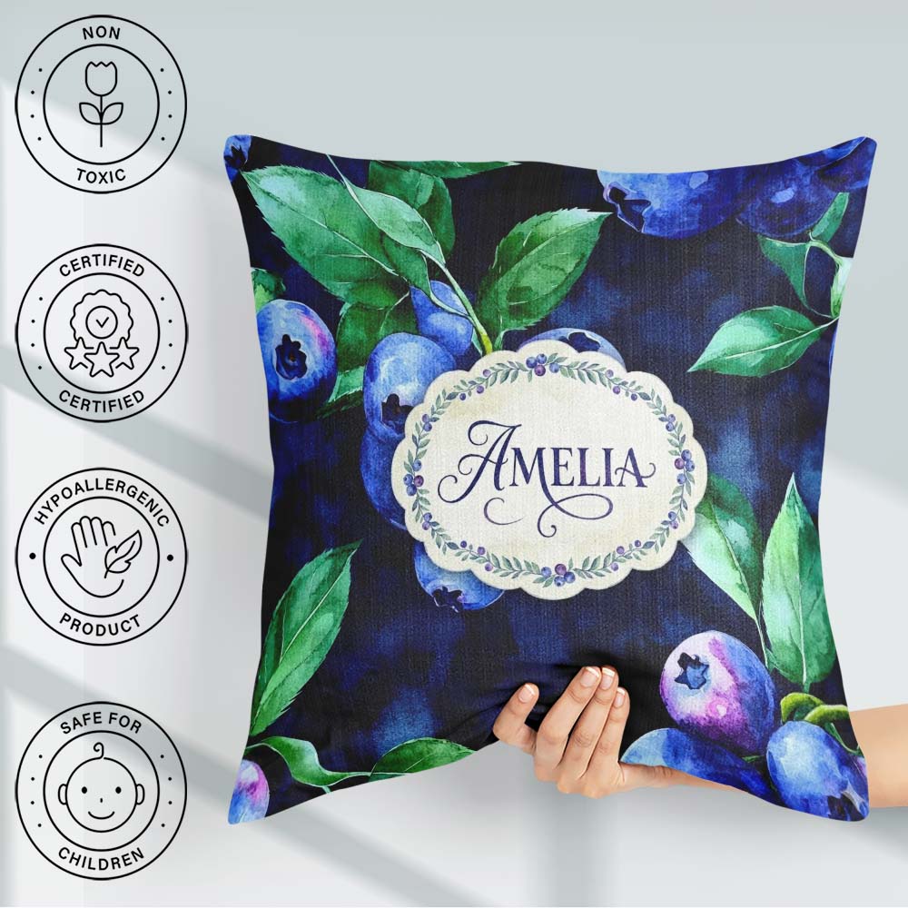 Custom Name Watercolor Blueberry Leaves Dark Background Seamless Square Filled Cushion Throw Pillow Sofa Bed Home Decor Zip Washable UK Made