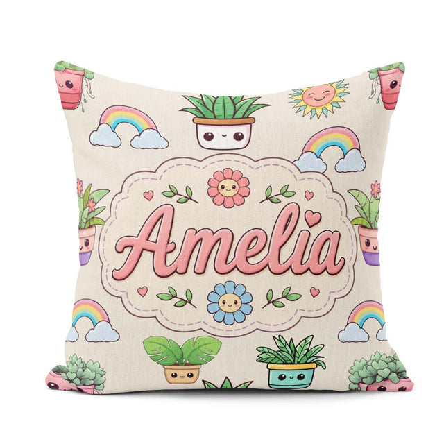 Custom Name Kawaii Rainbow Sun Flowers Plant Pots Seamless Cream Square Filled Cushion Throw Pillow Sofa Bed Home Decor Zip Washable UK Made