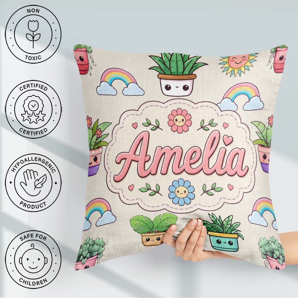 Custom Name Kawaii Rainbow Sun Flowers Plant Pots Seamless Cream Square Filled Cushion Throw Pillow Sofa Bed Home Decor Zip Washable UK Made
