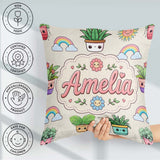 Custom Name Kawaii Rainbow Sun Flowers Plant Pots Seamless Cream Square Filled Cushion Throw Pillow Sofa Bed Home Decor Zip Washable UK Made