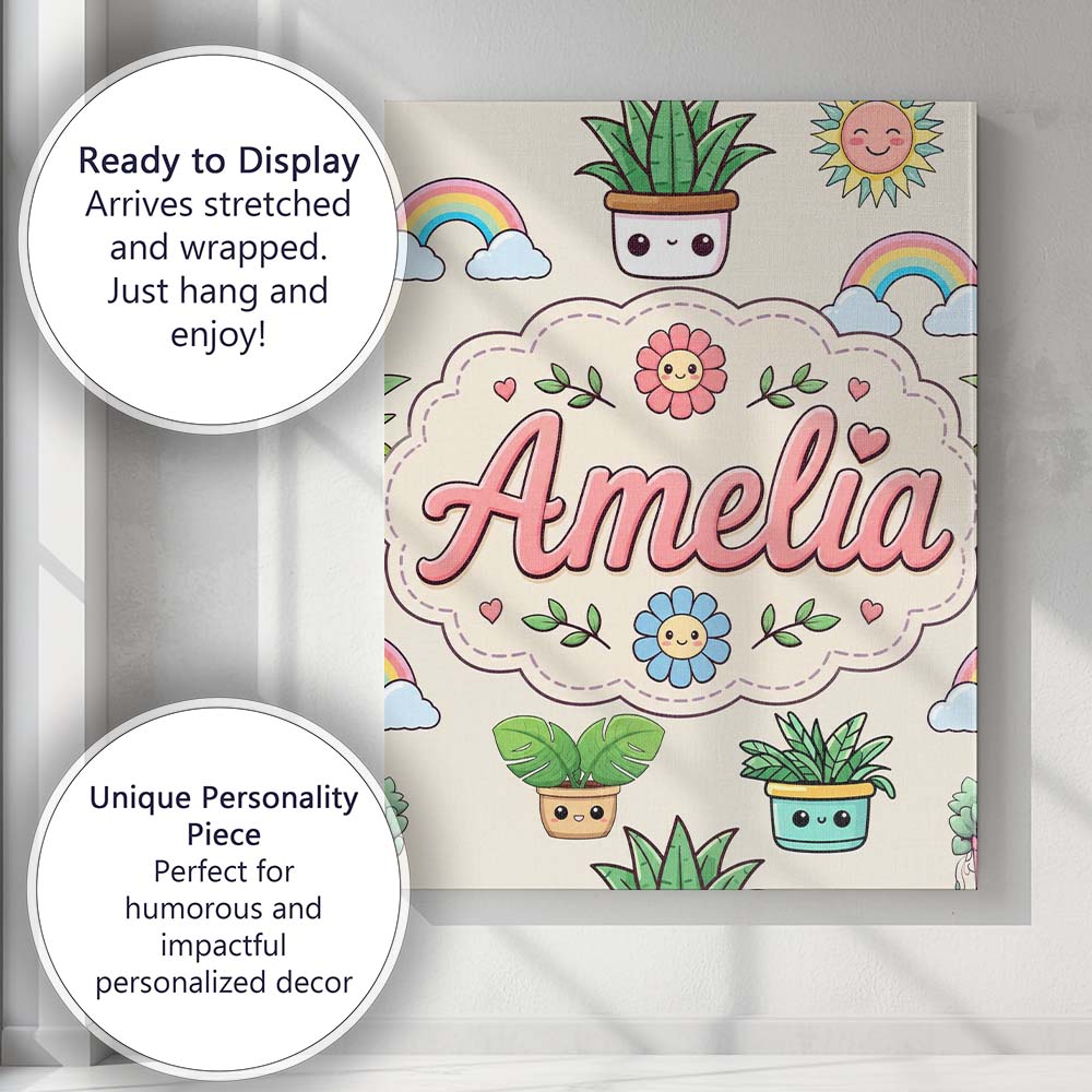 Personalised Name Cute Kawaii Rainbow Sun Custom  Unique Gift Idea Elegant Feature Canvas Wall Art Print Decor Picture Ready to Hang