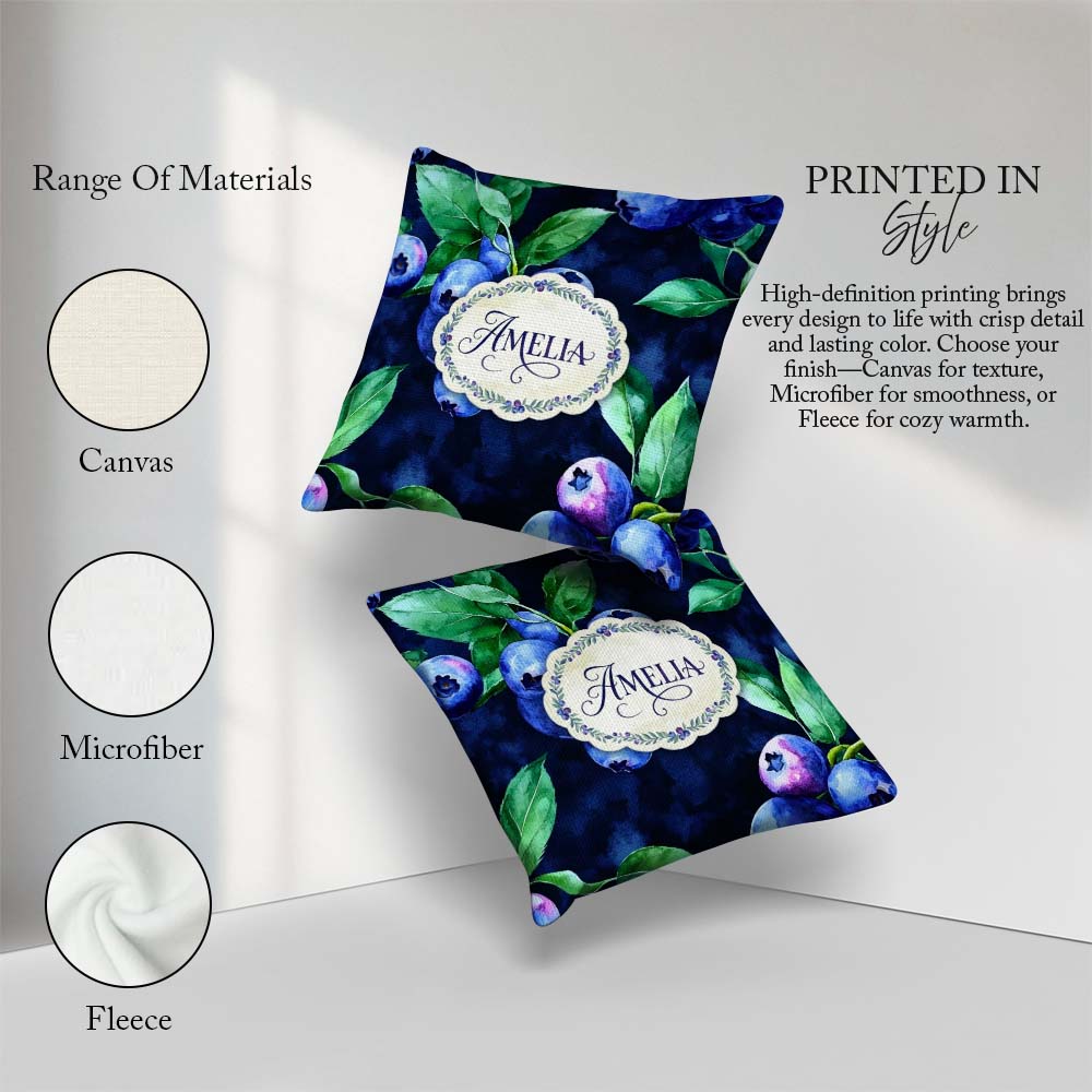 Custom Name Watercolor Blueberry Leaves Dark Background Seamless Square Filled Cushion Throw Pillow Sofa Bed Home Decor Zip Washable UK Made