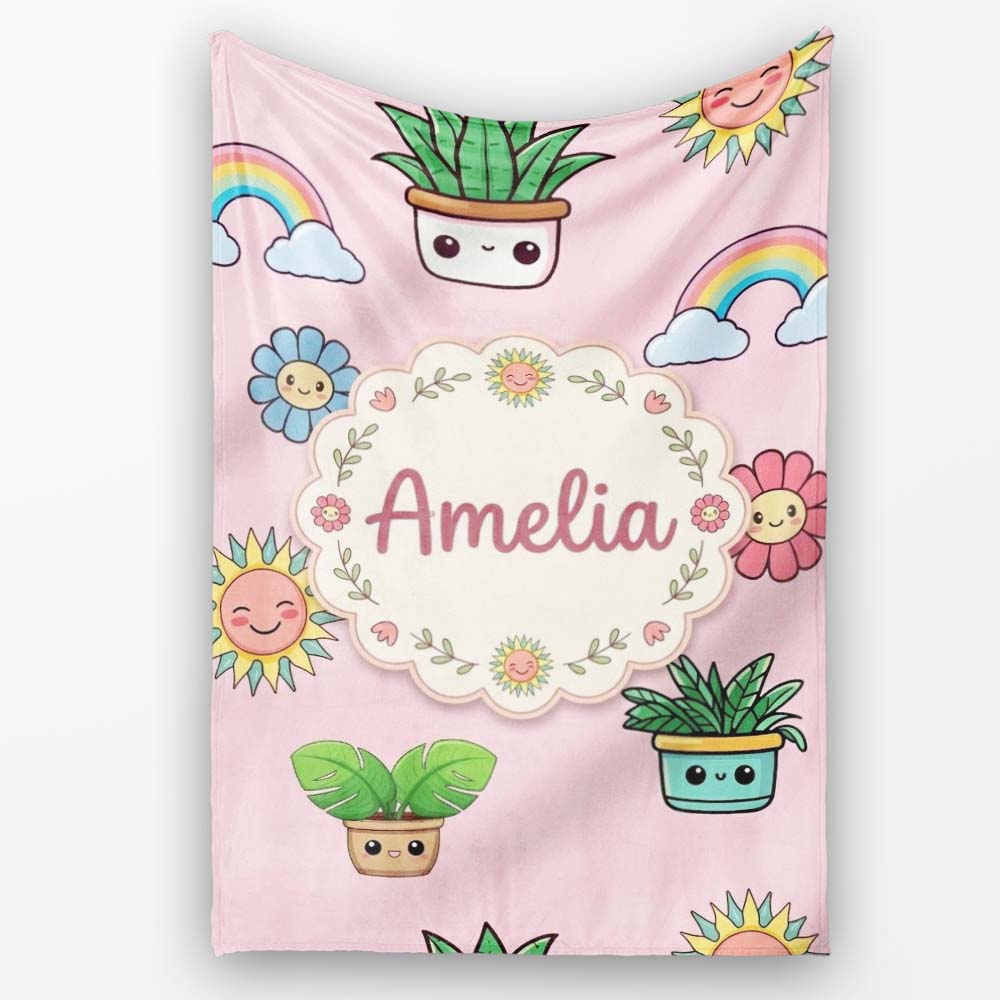 Cute Kawaii Rainbow Sun Flowers Plant Pots Seamless Pattern Pink  Personalised Custom Name Super Soft Fleece Blanket Bed Sofa Throw