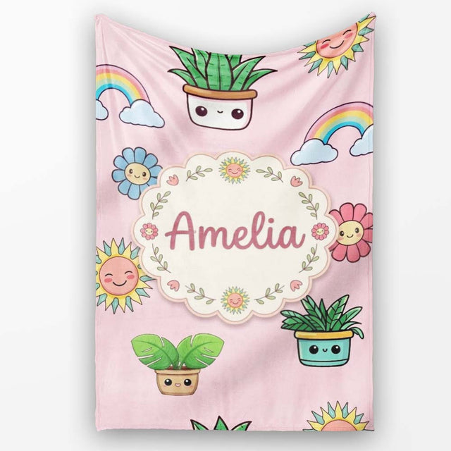 Cute Kawaii Rainbow Sun Flowers Plant Pots Seamless Pattern Pink  Personalised Custom Name Super Soft Fleece Blanket Bed Sofa Throw
