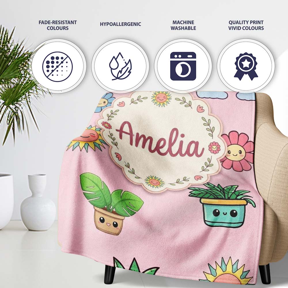 Cute Kawaii Rainbow Sun Flowers Plant Pots Seamless Pattern Pink  Personalised Custom Name Super Soft Fleece Blanket Bed Sofa Throw