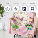 Cute Kawaii Rainbow Sun Flowers Plant Pots Seamless Pattern Pink  Personalised Custom Name Super Soft Fleece Blanket Bed Sofa Throw