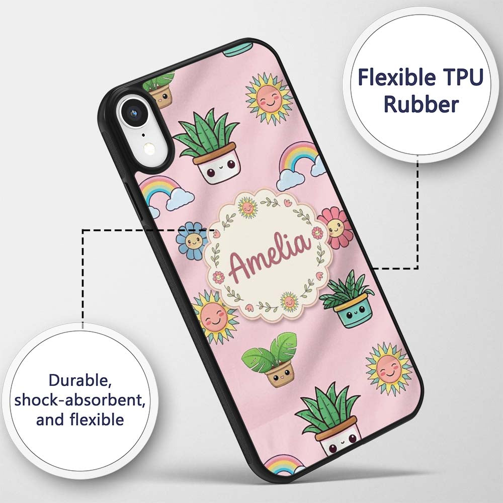 Cute Kawaii Rainbow Sun Flowers Printed Design Custom Name Protective Phone Case Mobile Cover Durable Everyday Smartphone Shock Resistant