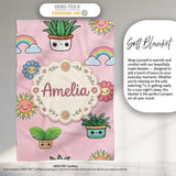 Cute Kawaii Rainbow Sun Flowers Plant Pots Seamless Pattern Pink  Personalised Custom Name Super Soft Fleece Blanket Bed Sofa Throw