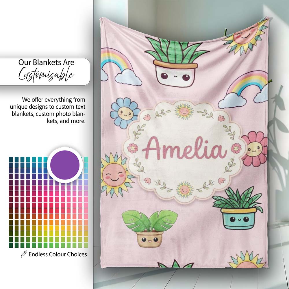 Cute Kawaii Rainbow Sun Flowers Plant Pots Seamless Pattern Pink  Personalised Custom Name Super Soft Fleece Blanket Bed Sofa Throw