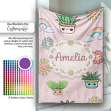 Cute Kawaii Rainbow Sun Flowers Plant Pots Seamless Pattern Pink  Personalised Custom Name Super Soft Fleece Blanket Bed Sofa Throw