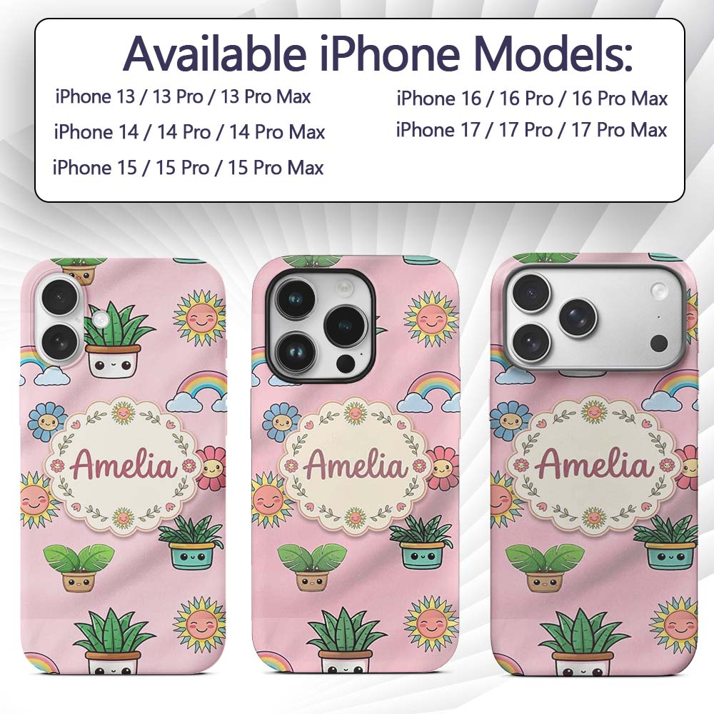 Cute Kawaii Rainbow Sun Flowers Printed Design Custom Name Protective Phone Case Mobile Cover Durable Everyday Smartphone Shock Resistant