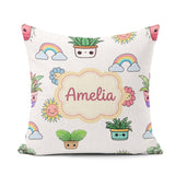 Custom Name Rainbow Sun Flowers Plant Pots Seamless Pattern Grey Square Filled Cushion Throw Pillow Sofa Bed Home Decor Zip Washable UK Made