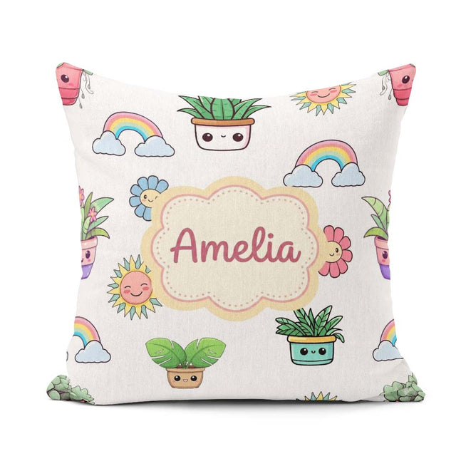 Custom Name Rainbow Sun Flowers Plant Pots Seamless Pattern Grey Square Filled Cushion Throw Pillow Sofa Bed Home Decor Zip Washable UK Made