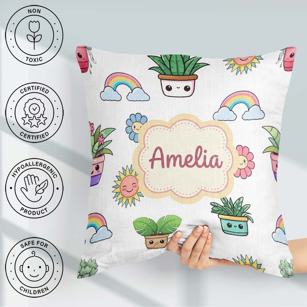Custom Name Rainbow Sun Flowers Plant Pots Seamless Pattern Grey Square Filled Cushion Throw Pillow Sofa Bed Home Decor Zip Washable UK Made