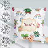 Custom Name Rainbow Sun Flowers Plant Pots Seamless Pattern Grey Square Filled Cushion Throw Pillow Sofa Bed Home Decor Zip Washable UK Made