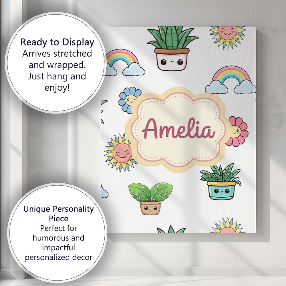 Personalised Name Cute Kawaii Rainbow Sun Custom  Unique Gift Idea Elegant Feature Canvas Wall Art Print Decor Picture Ready to Hang