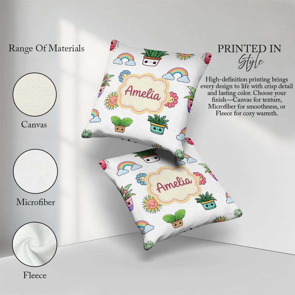 Custom Name Rainbow Sun Flowers Plant Pots Seamless Pattern Grey Square Filled Cushion Throw Pillow Sofa Bed Home Decor Zip Washable UK Made