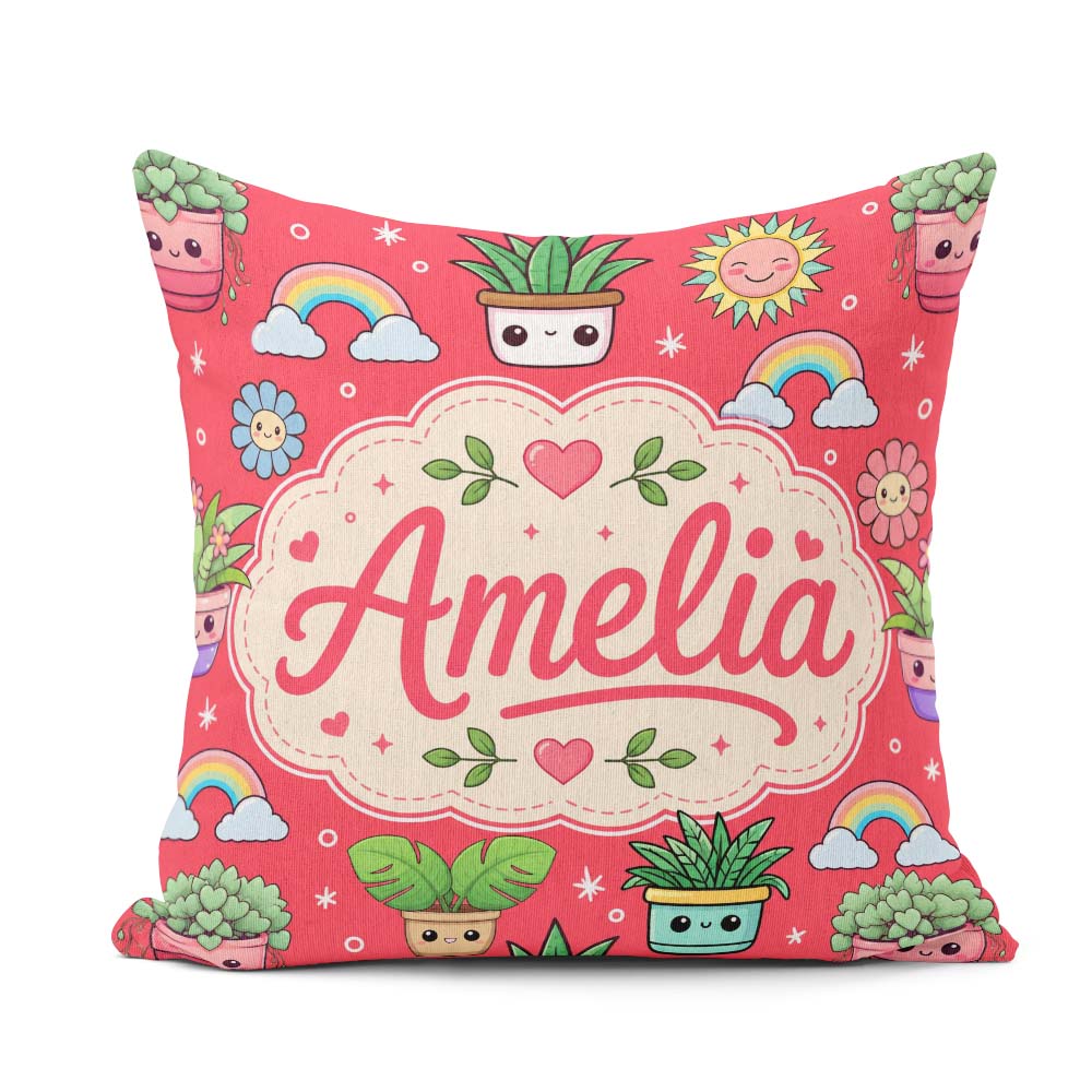 Custom Name Cute Kawaii Rainbow Sun Flowers Seamless Pattern Red Square Filled Cushion Throw Pillow Sofa Bed Home Decor Zip Washable UK Made