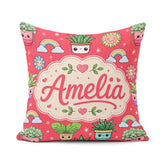 Custom Name Cute Kawaii Rainbow Sun Flowers Seamless Pattern Red Square Filled Cushion Throw Pillow Sofa Bed Home Decor Zip Washable UK Made