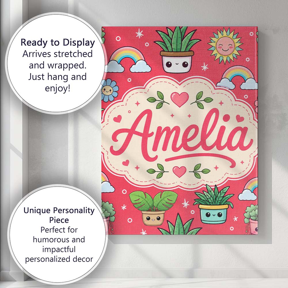 Personalised Name Cute Kawaii Plants Custom Premium Decorative Design Modern Room Accent Canvas Wall Art Print Decor Picture Ready to Hang