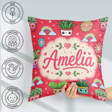 Custom Name Cute Kawaii Rainbow Sun Flowers Seamless Pattern Red Square Filled Cushion Throw Pillow Sofa Bed Home Decor Zip Washable UK Made