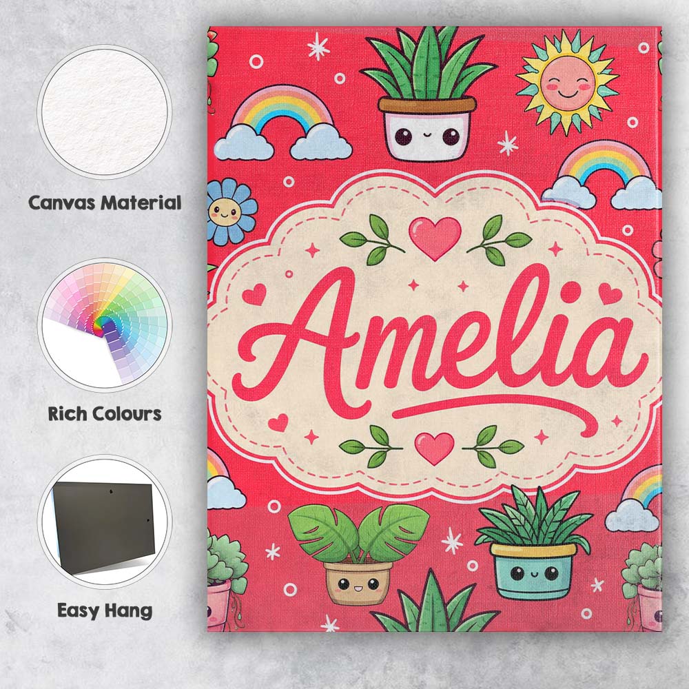Personalised Name Cute Kawaii Plants Custom Premium Decorative Design Modern Room Accent Canvas Wall Art Print Decor Picture Ready to Hang