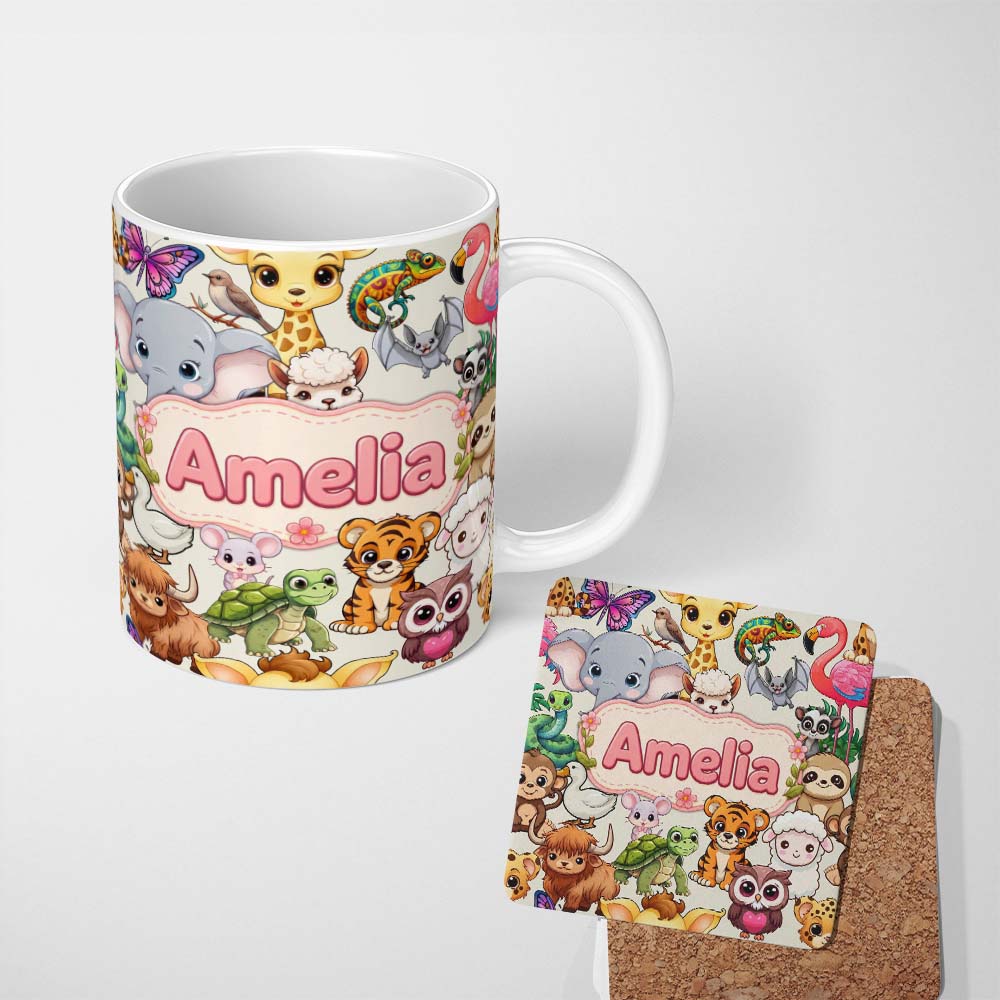 Personalized Custom Name Cute Cartoon Jungle Safari Animals Seamless Pattern on Cream Lovely 11oz Ceramic Coffee Tea Mug White Large Handle