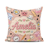 Custom Name Kawaii School Cat Books Apple Clock Supplies Pattern Square Filled Cushion Throw Pillow Sofa Bed Home Decor Zip Washable UK Made