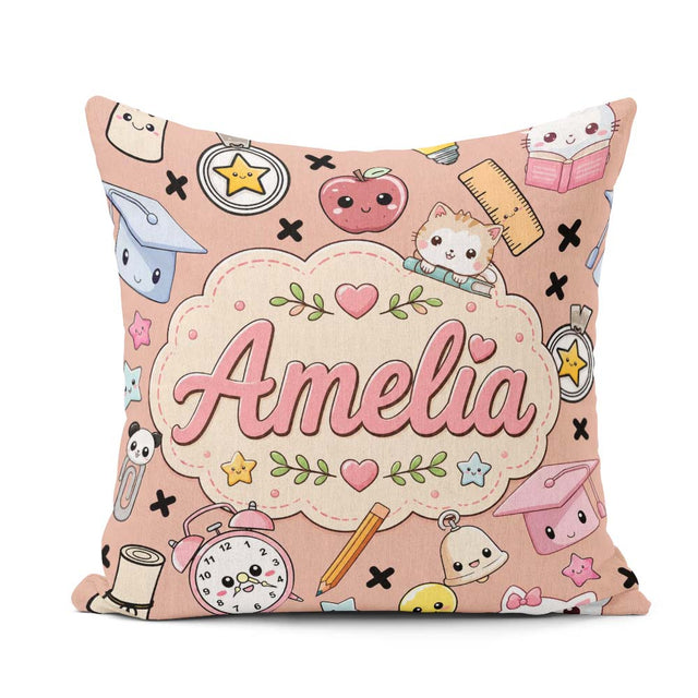 Custom Name Kawaii School Cat Books Apple Clock Supplies Pattern Square Filled Cushion Throw Pillow Sofa Bed Home Decor Zip Washable UK Made