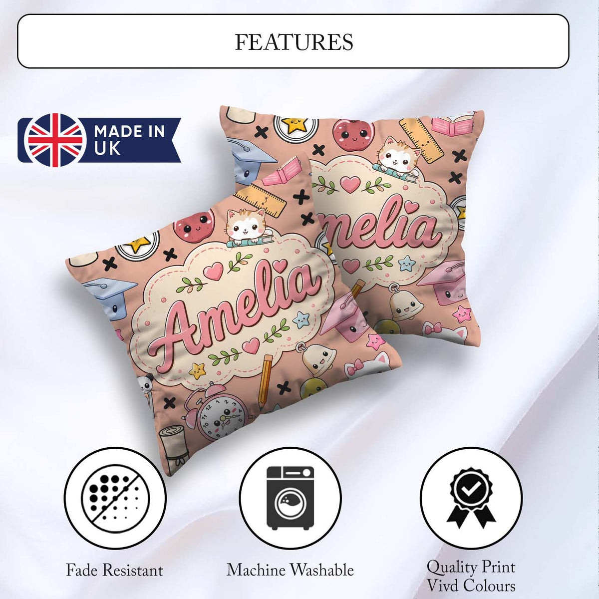 Custom Name Kawaii School Cat Books Apple Clock Supplies Pattern Square Filled Cushion Throw Pillow Sofa Bed Home Decor Zip Washable UK Made