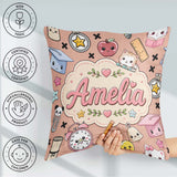 Custom Name Kawaii School Cat Books Apple Clock Supplies Pattern Square Filled Cushion Throw Pillow Sofa Bed Home Decor Zip Washable UK Made