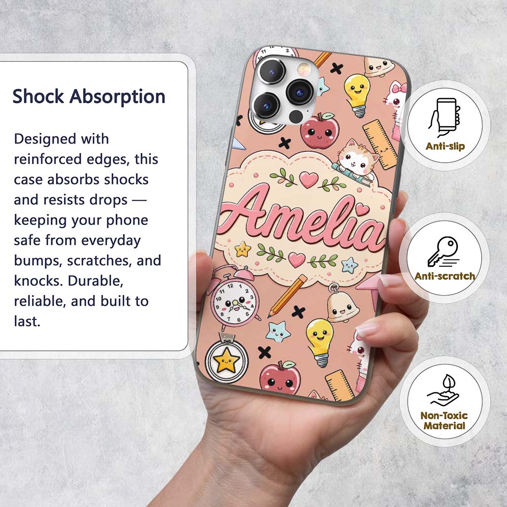 Cute Kawaii School Cat Books Apple Clock Supplies Custom Name Protective Phone Case Mobile Cover Durable Everyday Smartphone Shock Resistant