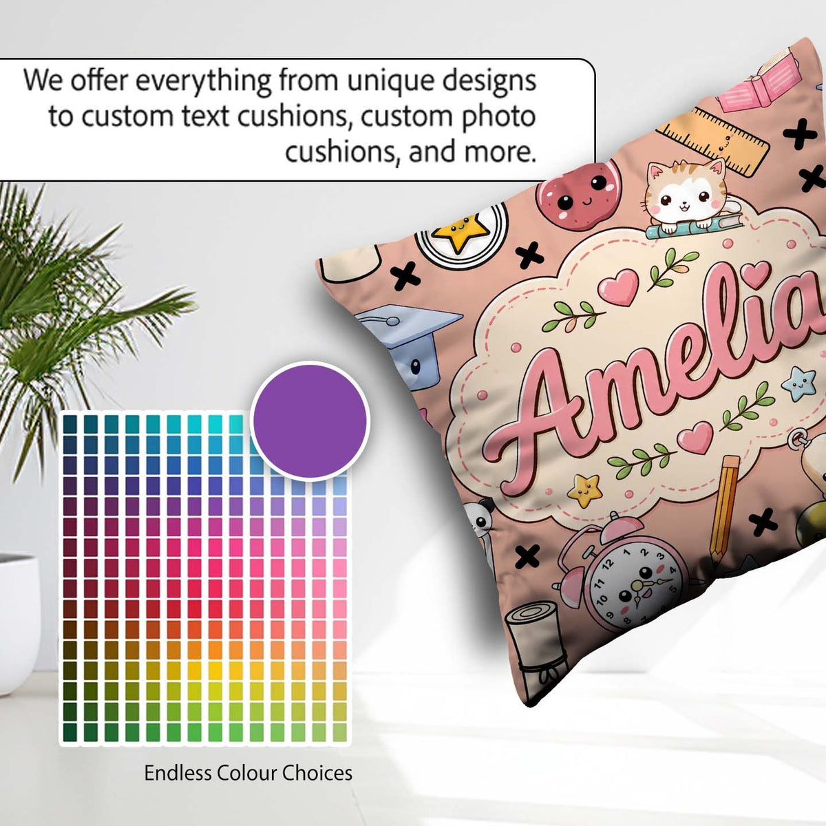 Custom Name Kawaii School Cat Books Apple Clock Supplies Pattern Square Filled Cushion Throw Pillow Sofa Bed Home Decor Zip Washable UK Made