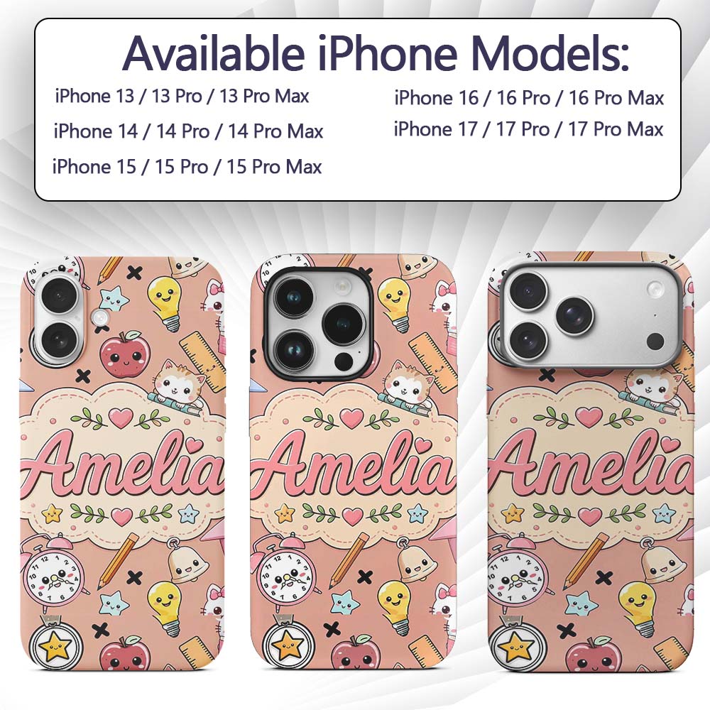 Cute Kawaii School Cat Books Apple Clock Supplies Custom Name Protective Phone Case Mobile Cover Durable Everyday Smartphone Shock Resistant